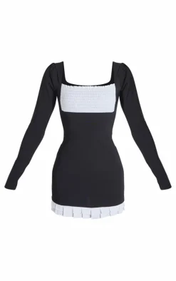 Black Contrast Shirred Detail Long Sleeve Shift Dress