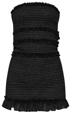 Black Contrast Shirred Frill Bodycon Dress
