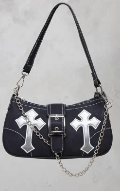 Black Contrast Stitch Cross Applique Buckle Shoulder Bag
