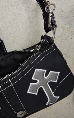 Black Contrast Stitch Cross Applique Buckle Shoulder Bag