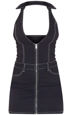Black Contrast Stitch Halterneck Denim Mini Dress