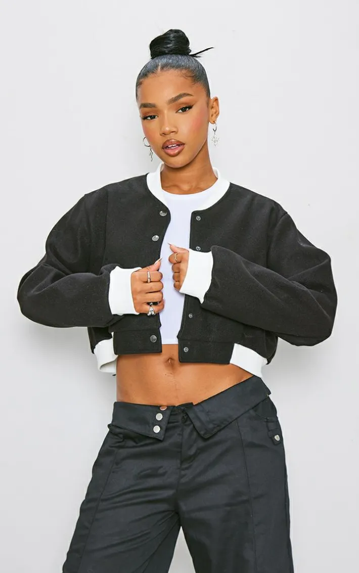 Black Contrast Trim Wool Look Bomber Jacket