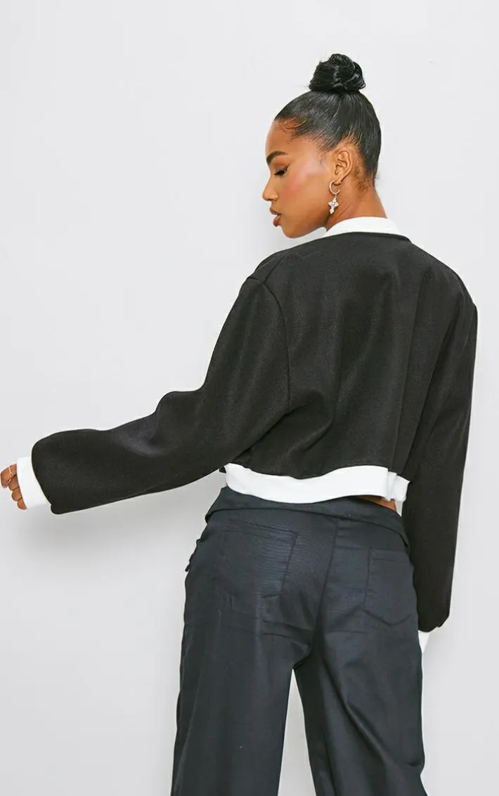 Black Contrast Trim Wool Look Bomber Jacket