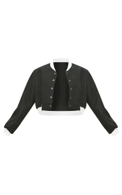 Black Contrast Trim Wool Look Bomber Jacket