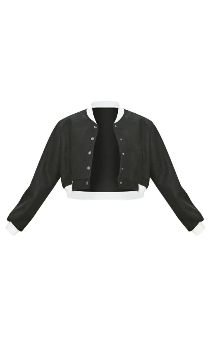 Black Contrast Trim Wool Look Bomber Jacket
