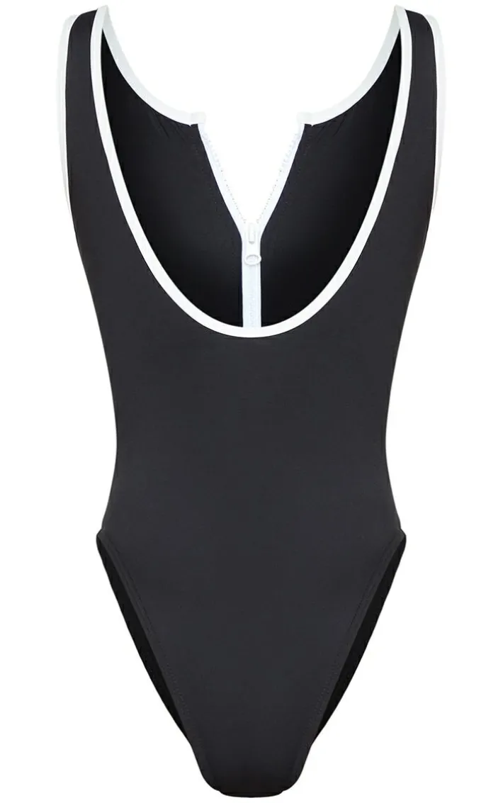 Black Contrast Zip Front Scuba Swimsuit