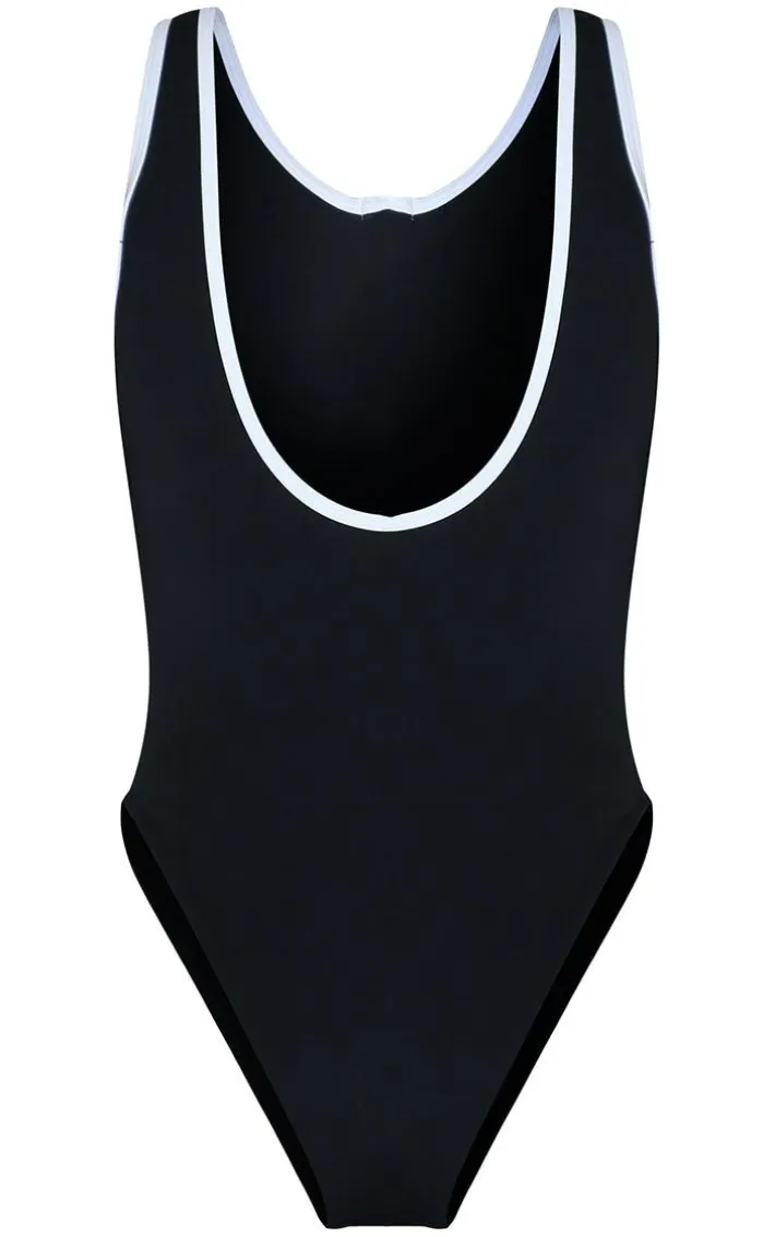 Black Contrast Zip Front Scuba Swimsuit
