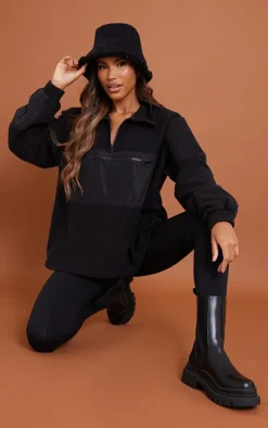 Black Contrast Zip Pocket Front Fleece Jacket