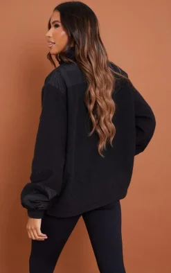 Black Contrast Zip Pocket Front Fleece Jacket