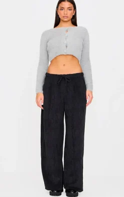 Black Cord Low Rise Drawstring Wide Leg Pants