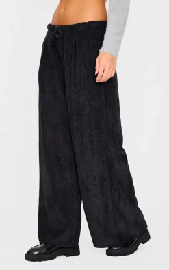 Black Cord Low Rise Drawstring Wide Leg Pants