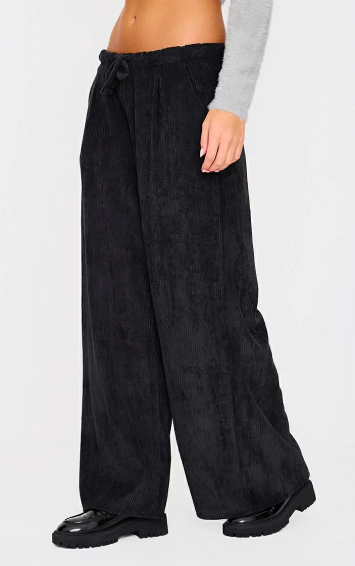Black Cord Low Rise Drawstring Wide Leg Pants