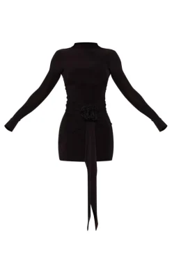 Black Corsage Drape Detail Long Sleeve Bodycon Dress