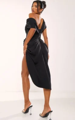 Black Corset Bardot Draped Midi Dress