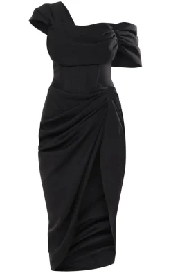 Black Corset Bardot Draped Midi Dress