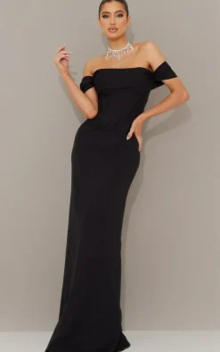 Black Corset Detail Bardot Bridesmaid Dress