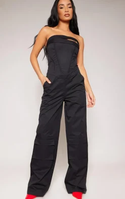 Black Corset Detail Utility Flared Bandeau Jumpsuit