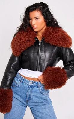 Black Corset Panelled Faux Mongolian Fur Trim Faux Leather Jacket