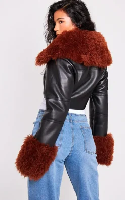 Black Corset Panelled Faux Mongolian Fur Trim Faux Leather Jacket