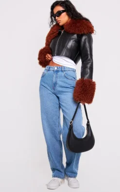 Black Corset Panelled Faux Mongolian Fur Trim Faux Leather Jacket