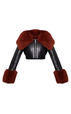 Black Corset Panelled Faux Mongolian Fur Trim Faux Leather Jacket