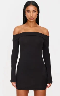Black Cotton Bardot Fold Over Mini Dress