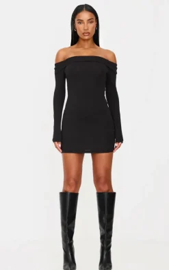 Black Cotton Bardot Fold Over Mini Dress