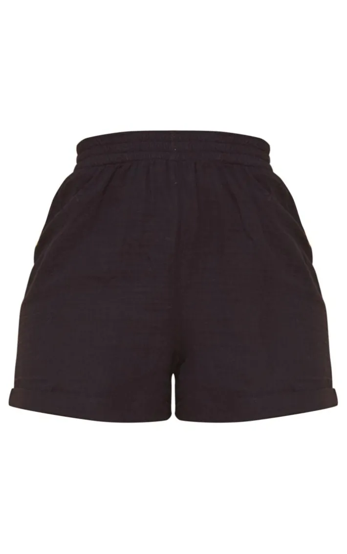 Black Cotton Cheesecloth Oversized Turn Up Hem Floaty Shorts