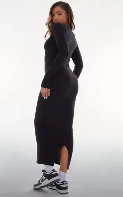 Black Cotton Contrast Seam Long Sleeve Maxi Dress