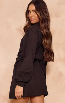 Black Cotton Crepe Tie Waist Shirt Dress