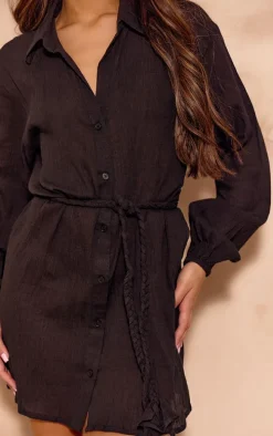 Black Cotton Crepe Tie Waist Shirt Dress