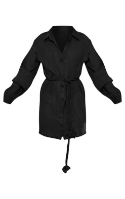 Black Cotton Crepe Tie Waist Shirt Dress