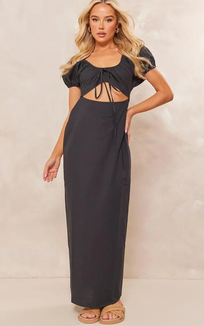 Black Cotton Cut Out Front Midaxi Dress