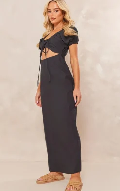 Black Cotton Cut Out Front Midaxi Dress