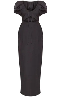 Black Cotton Cut Out Front Midaxi Dress