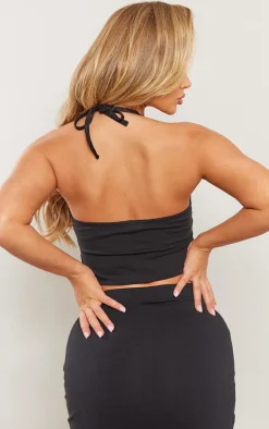 Black Cotton Halterneck Split Hem Cami Top