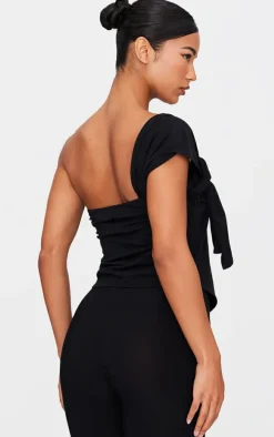 Black Cotton Knot Detail Asymmetric Shoulder Long Top