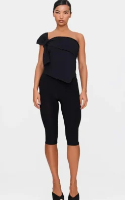 Black Cotton Knot Detail Asymmetric Shoulder Long Top