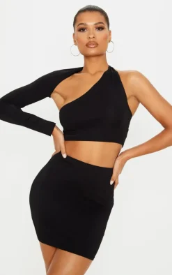 Black Cotton One Shoulder Asymmetric Crop Top