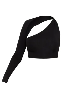 Black Cotton One Shoulder Asymmetric Crop Top