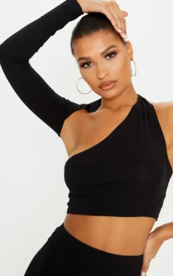 Black Cotton One Shoulder Asymmetric Crop Top