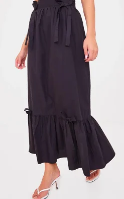 Black Cotton Poplin Bow Detail Maxi Skirt