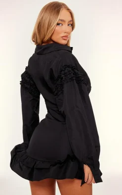 Black Cotton Poplin Cut Out Frill Shirt Dress