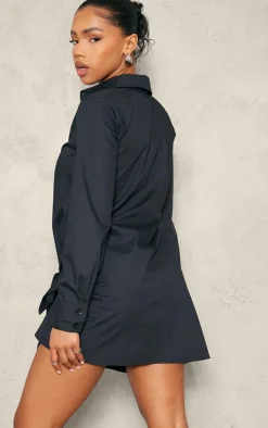 Black Cotton Poplin Knot Shirt Dress