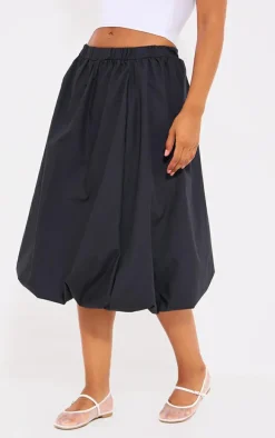 Black Cotton Poplin Midi Puffball Skirt
