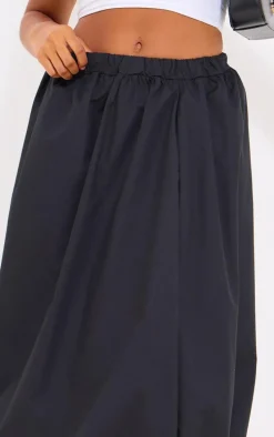 Black Cotton Poplin Midi Puffball Skirt