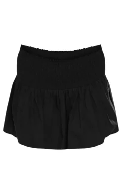 Black Cotton Poplin Shirred Waist Mini Skirt