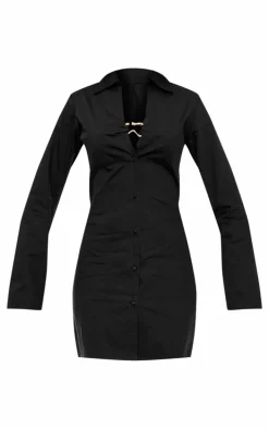 Black Cotton Poplin Trim Detail Shirt Dress