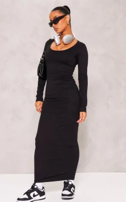 Black Cotton Scoop Neck Long Sleeve Midaxi Dress