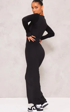 Black Cotton Scoop Neck Long Sleeve Midaxi Dress